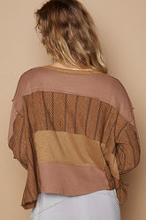 POL Half Button Color Block Drop Shoulder Knit Top OutfitFlow